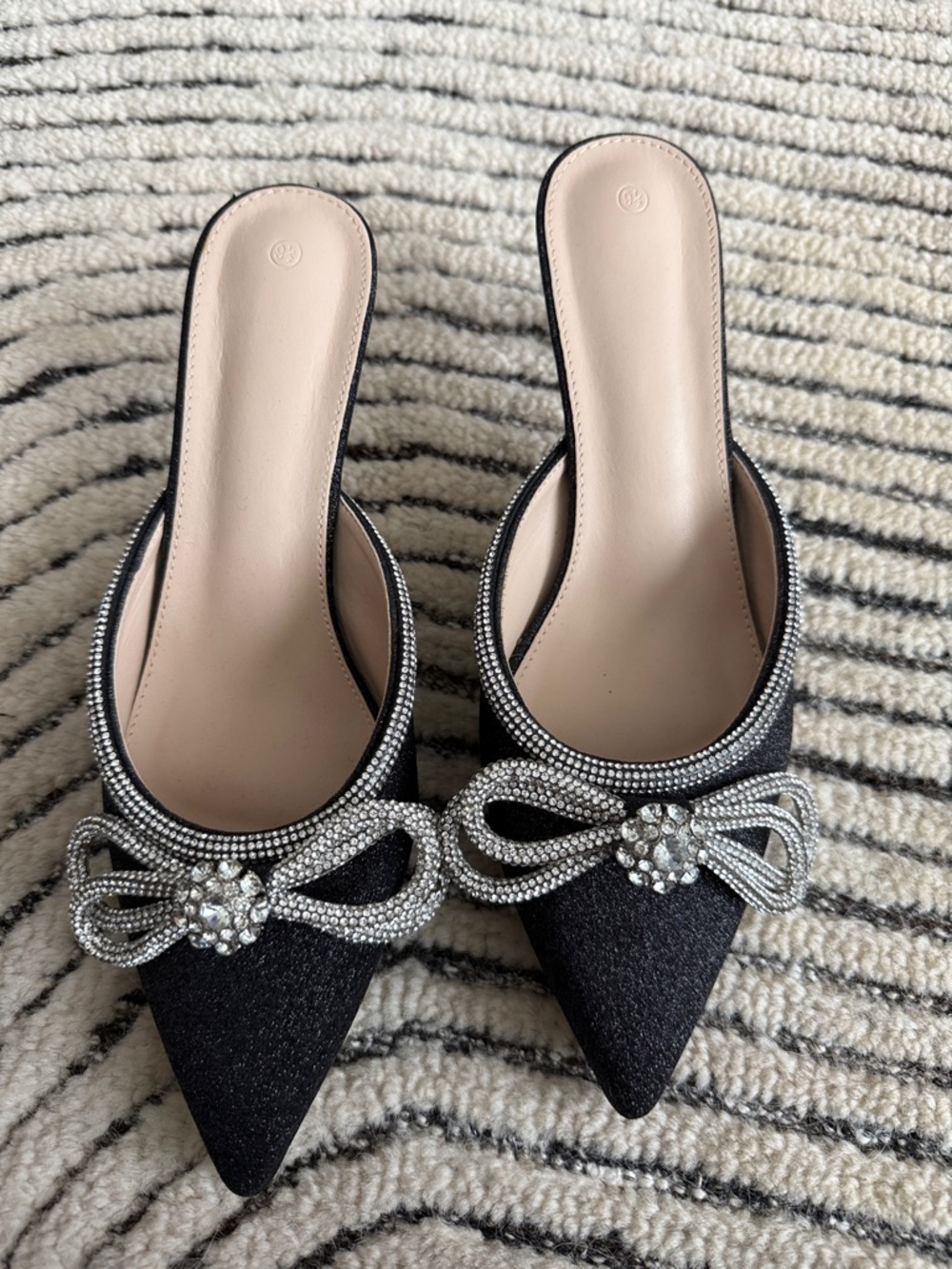 Women's Black Pointed Mule Heels with Crystal Bow